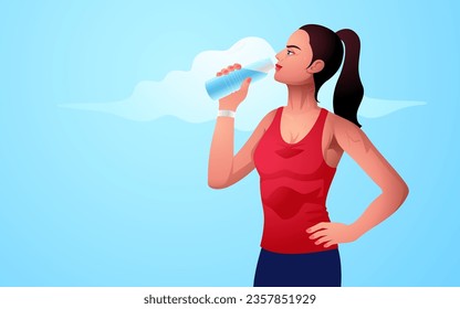 Illustration of an attractive young woman drinking water after a workout. Refresh and rejuvenate, fitness, wellness, self-care, healthy habits, active lifestyle, and the importance of staying hydrated