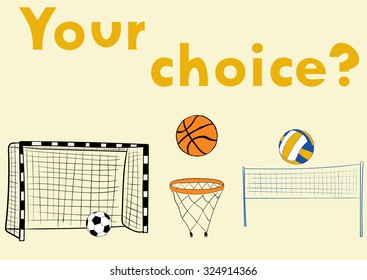 Illustration with attributes of soccer of volleyball and basketball with balls