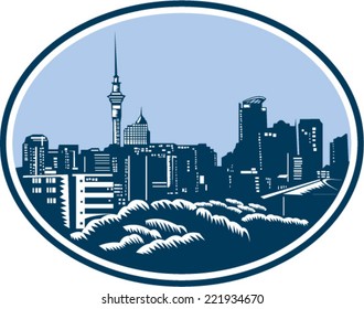 Illustration of the Auckland city skyline with the sky tower in background in Auckland, New Zealand set inside oval done in retro woodcut style.