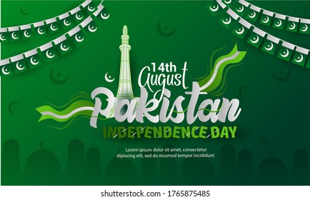 illustration of August 14 is the day of independence of Pakistan. symbolic green colors and people silhouettes with flag