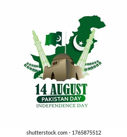 illustration of August 14 is the day of independence of Pakistan. symbolic green colors and people silhouettes with flag