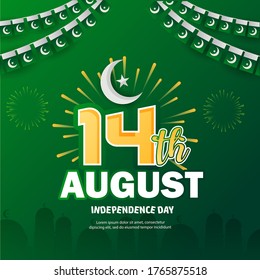 illustration of August 14 is the day of independence of Pakistan. symbolic green colors and people silhouettes with flag