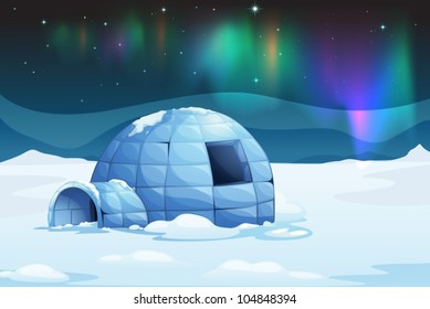 Illustration of the aurora borealis over an igloo