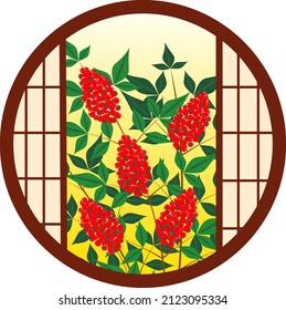 Illustration of an auspicious Nandina tree and a round window