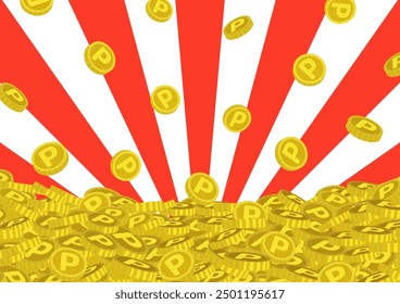 An illustration of auspicious radiation background and point coins falling into a mountain. Vector illustration.