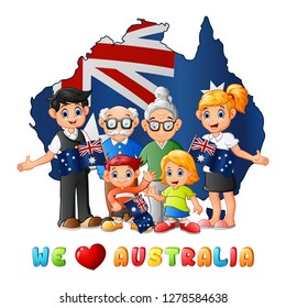 Illustration of Australia Day National Flag map with big family