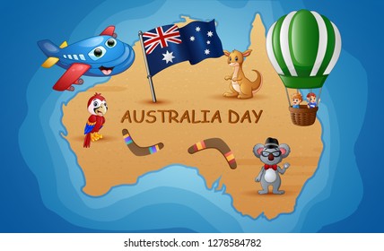Illustration of Australia map in the background of the ocean with animal and children