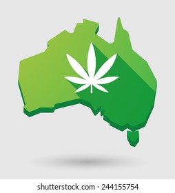 Illustration of an  Australia map with a marijuana leaf