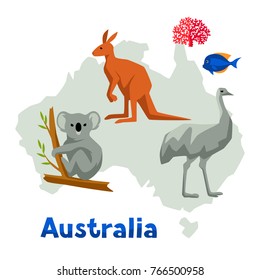 Illustration of Australia map with wildlife animals.