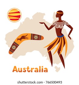 Illustration of Australia map with woman aboriginal and boomerang