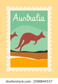 Illustration of an Australian postage stamp featuring kangaroos in a minimalistic style. The background showcases rolling hills in earthy tones. Concept of travel and Australia. Vector illustration