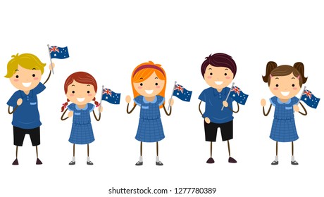 Illustration of Australian Stickman Kids Students in Blue Uniform and Holding Flag of Australia