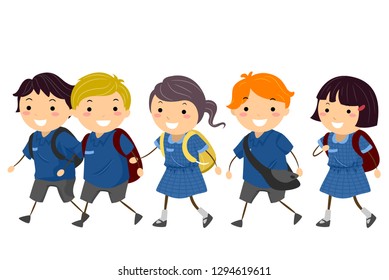 Illustration Of Australian Stickman Kids Students In Uniform Walking To School