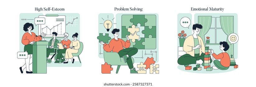 Illustration of authoritative parenting style emphasizing child development aspects such as high self-esteem, problem-solving skills, and emotional maturity. It showcases positive interactions and