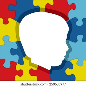 An illustration for autism awareness of colorful puzzle pieces outlining a child's silhouette. Vector EPS 10.
