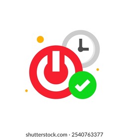ilustração do recurso desligamento automático com um ícone de energia, relógio e marca de seleção. Representa a economia de energia ou a funcionalidade de desligamento automático. para uso em tecnologia, eletrônicos ou designs de interface do usuário