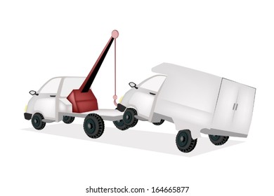 An Illustration of Auto Wrecker Tow Truck, Recovery Truck, Breakdown Lorry or A Broken down Vehicle to Another Location. 
