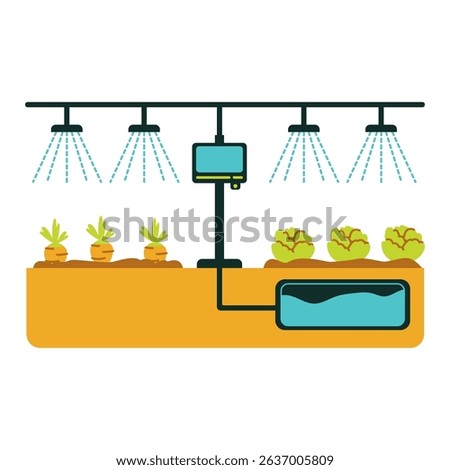 An illustration of an automated hydroponic system showing plants being irrigated by a smart sprinkler setup connected to a water reservoir facilitating efficient indoor farming.