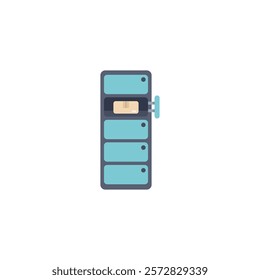 Illustration of an automated parcel locker showing one open cell containing a cardboard box ready for a customer to pick up