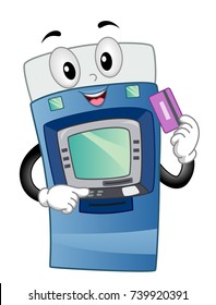 Illustration of an Automated Teller Machine Mascot Holding an Atm Card