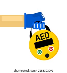 Ilustración del desfibrilador externo automático agarrado de una mano.