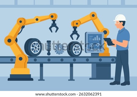 Illustration of an automotive industry setting featuring robotic assembly arms in a car manufacturing process.