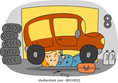 Illustration of an Automotive Mechanic at Work