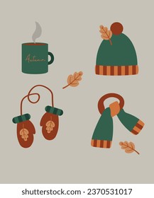 Illustration of Autumn Accessories with Hot Drink and Hat, Scarf, Mittens