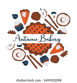 Illustration of autumn bakery for cards, recipe, menu, t-shirt print and design.