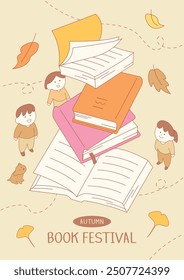 Illustration for autumn book festival. Cartoon style line drawing. People are watching books and leaves falling.