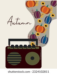  Illustration Autumn BoomBox on a Pumpkins,Sunflowers Background