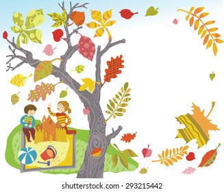 Illustration Autumn card with colorful decorative leaves and children