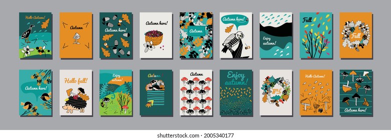 illustration with autumn cards, vector design for paper, fabric and other surfaces