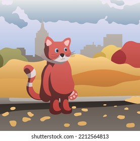 Illustration of an autumn city park. The red panda breathes fresh air surrounded by colorful bushes. Red green yellow bushes, city on the background, the contact of the city and nature
