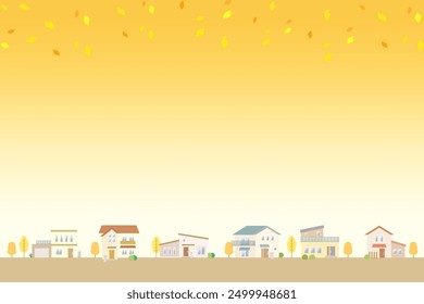 Illustration of an autumn cityscape with falling leaves A residential area lined with houses