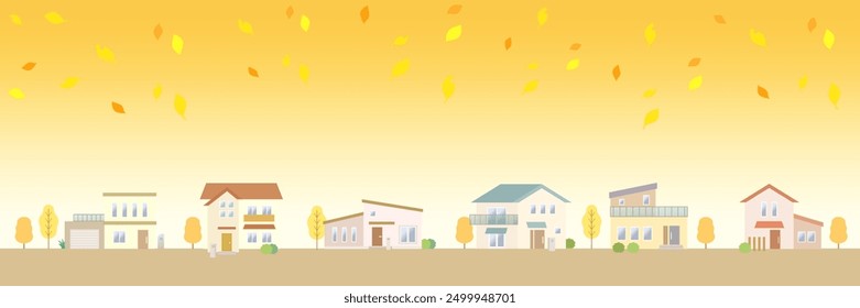 Illustration of an autumn cityscape with falling leaves A residential area lined with houses