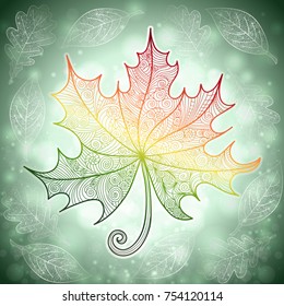 Illustration of autumn doodle leaf with glitter background

