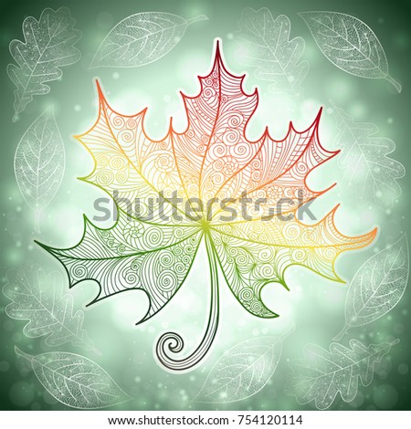 Illustration of autumn doodle leaf with glitter background
