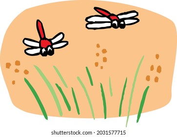 Illustration of autumn dragonfly flying through grassland
