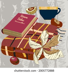 illustration with autumn dry  leaf, blanket, book and cup of tea, vector design for paper, fabric and other surfaces