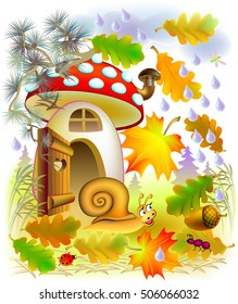 Illustration of autumn in fairyland forest, vector cartoon image.