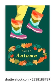  Illustration with autumn fallen leaves, colorful galoshes, gumboots.  Vector templates for cards, posters, flyers, covers and more. Hello Autumn.