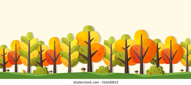 Illustration of autumn in flat style. Banner with trees, bushes and mushrooms with space for text