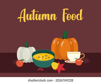 Illustration of autumn food on the table. Vegetables and pumpkin porridge with seeds for Thanksgiving Day. Editable vector illustration
