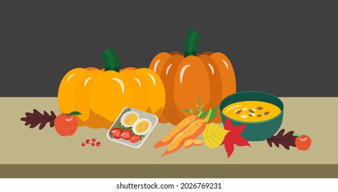 Illustration of autumn food on the table. Vegetables and pumpkin porridge with seeds for Thanksgiving Day. Editable vector illustration