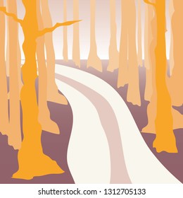 Illustration of autumn forest with one path way. Arid rees in the jungle 