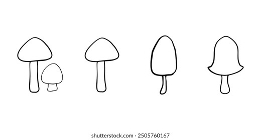 Illustration of autumn forest plants. Graphic vintage mushrooms with stars. Botanical illustrations. Witch mushrooms for Halloween. Graphic vintage doodle illustration with space magic mushrooms. 