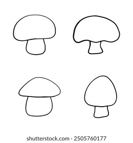 Illustration of autumn forest plants. Graphic vintage mushrooms with stars. Botanical illustrations. Witch mushrooms for Halloween. Graphic vintage doodle illustration with space magic mushrooms. 