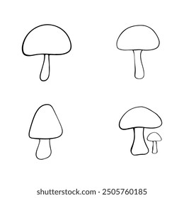 Illustration of autumn forest plants. Graphic vintage mushrooms with stars. Botanical illustrations. Witch mushrooms for Halloween. Graphic vintage doodle illustration with space magic mushrooms. 