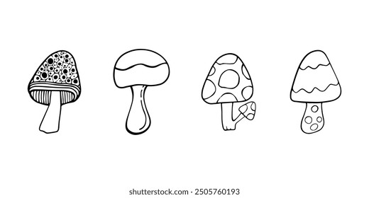 Illustration of autumn forest plants. Graphic vintage mushrooms with stars. Botanical illustrations. Witch mushrooms for Halloween. Graphic vintage doodle illustration with space magic mushrooms. 